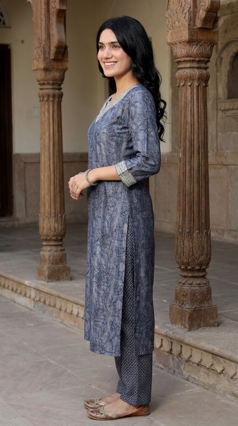 Blue Muslin Kurta Pant Set-900052