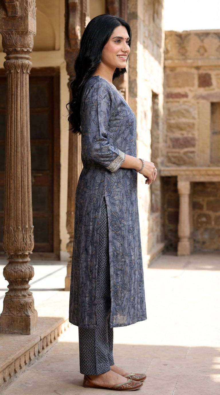 Blue Muslin Kurta Pant Set-900052