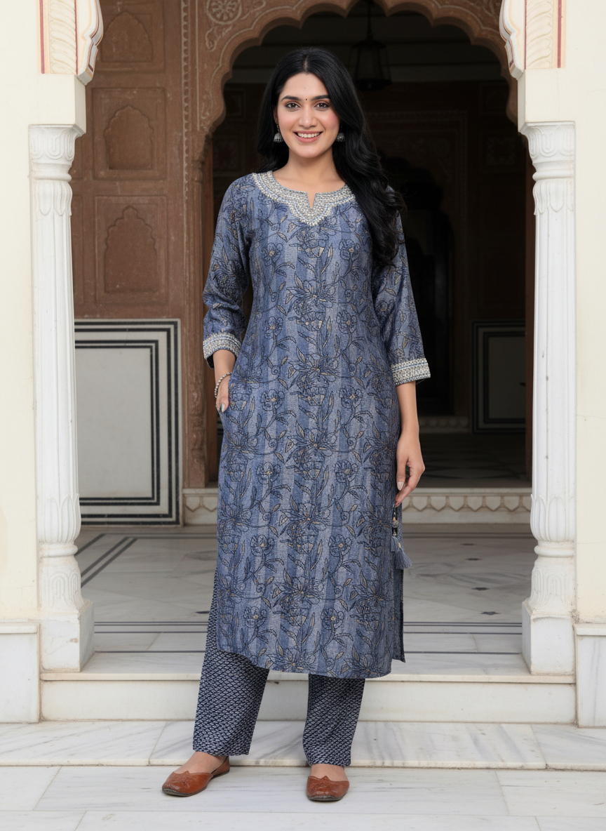 Blue Muslin Kurta Pant Set-900052