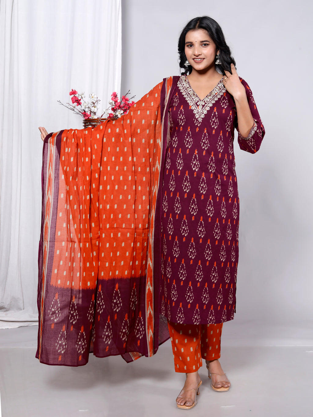 Maroon Cotton Kurta Pant Set with Dupatta-900057