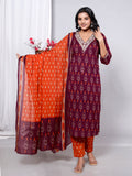 Maroon Cotton Kurta Pant Set with Dupatta-900057
