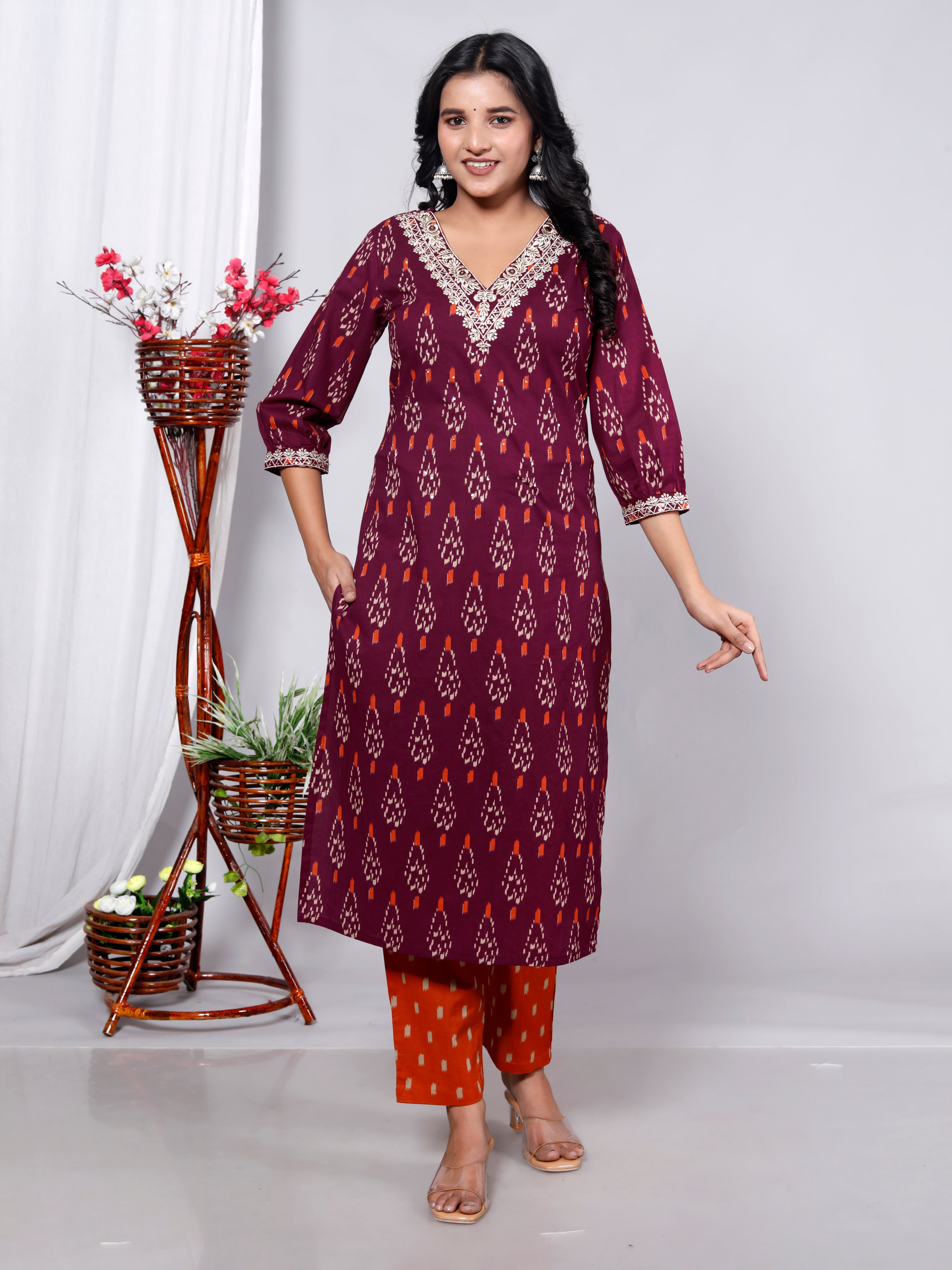 Maroon Cotton Kurta Pant Set with Dupatta-900057