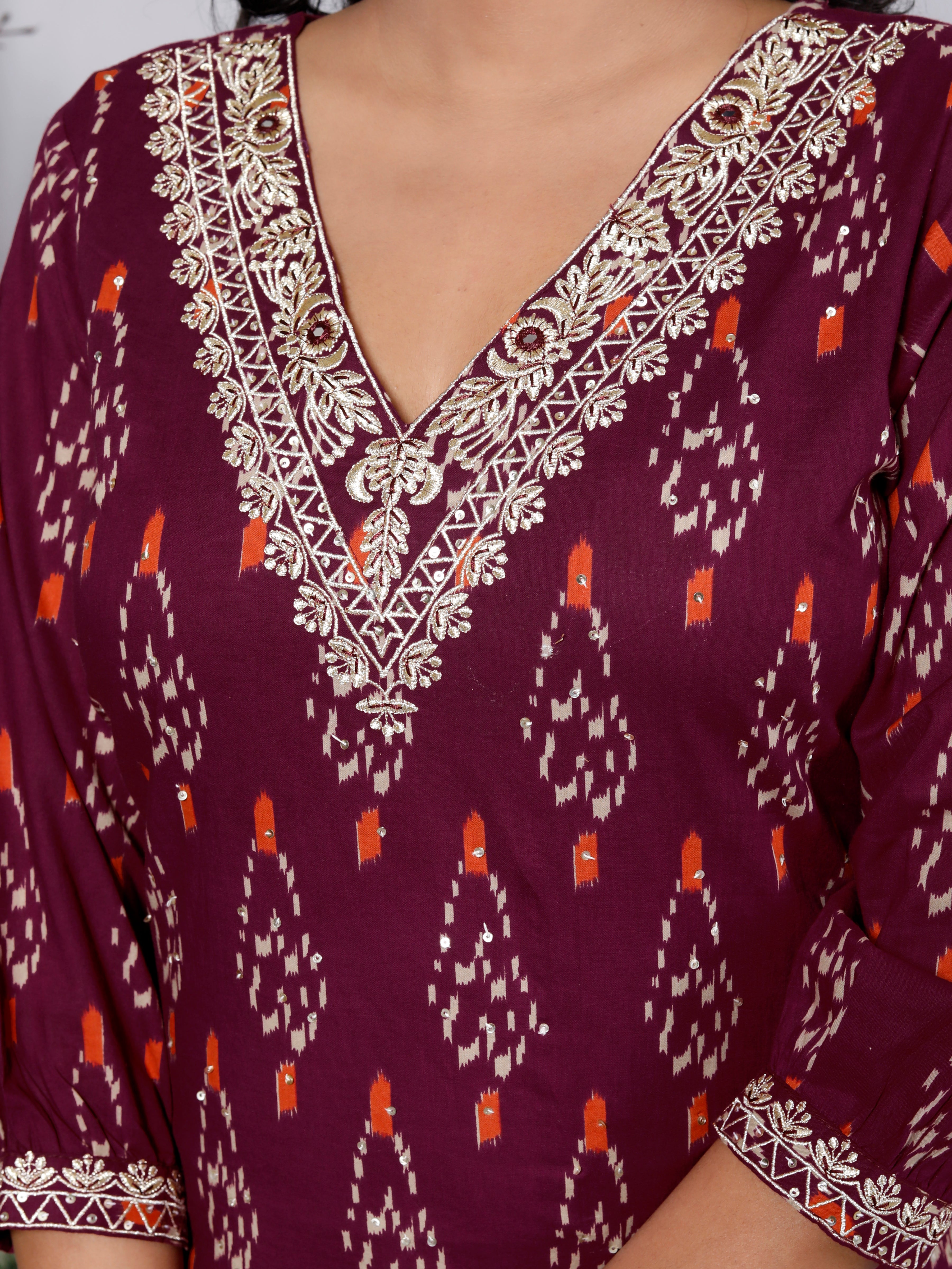 Maroon Cotton Kurta Pant Set with Dupatta-900057