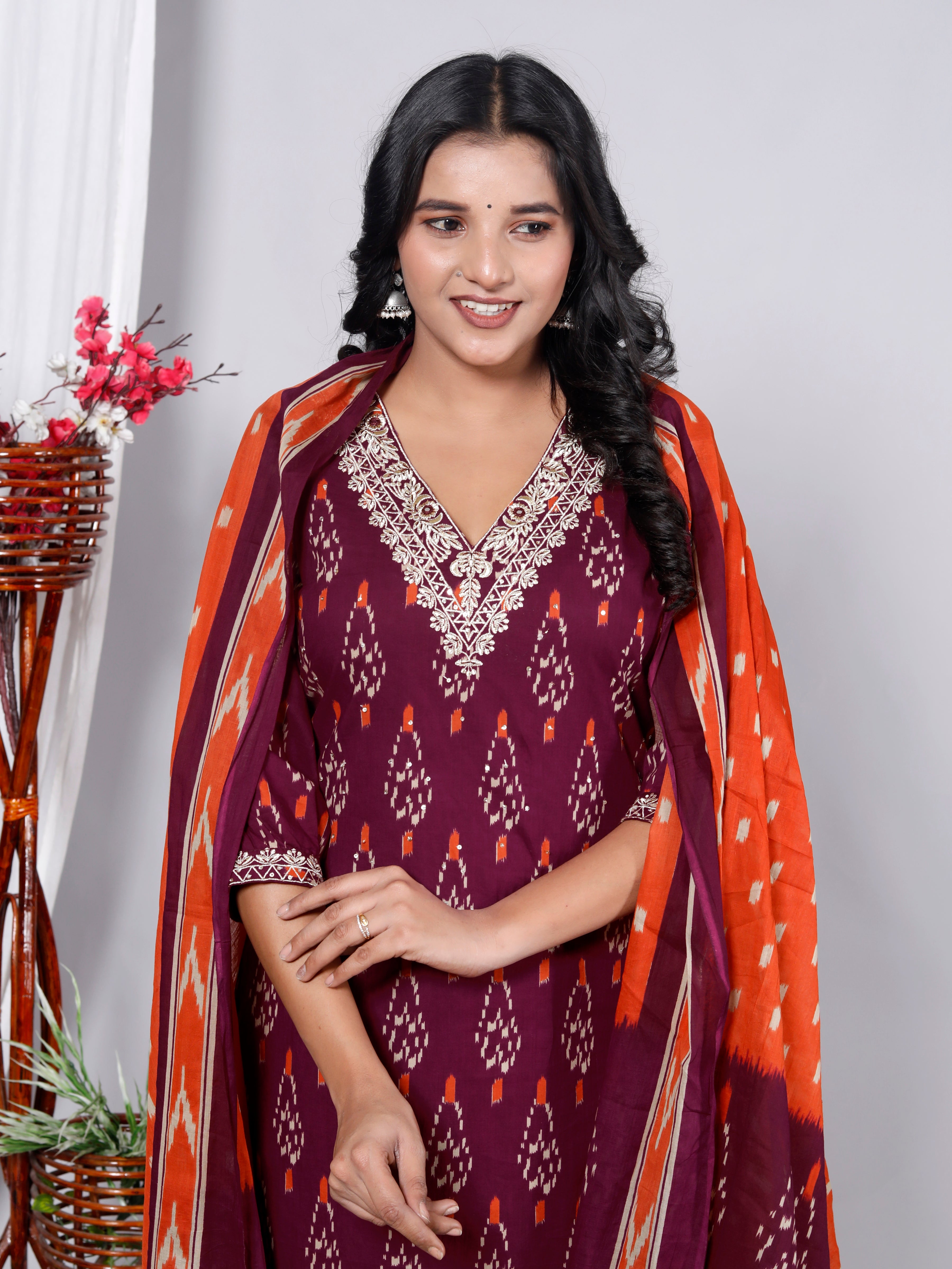 Maroon Cotton Kurta Pant Set with Dupatta-900057