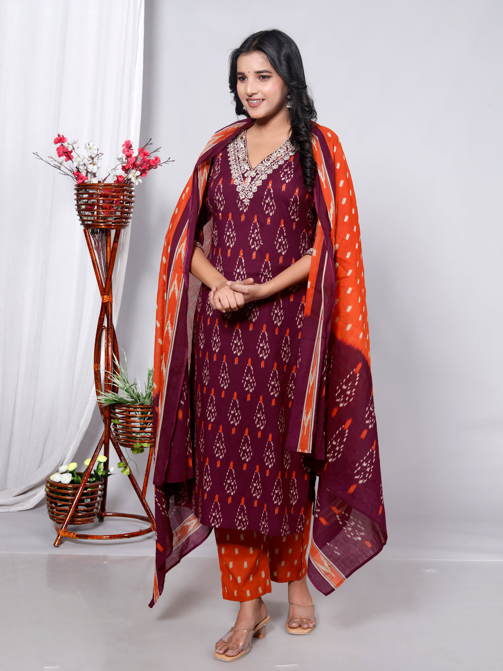 Maroon Cotton Kurta Pant Set with Dupatta-900057