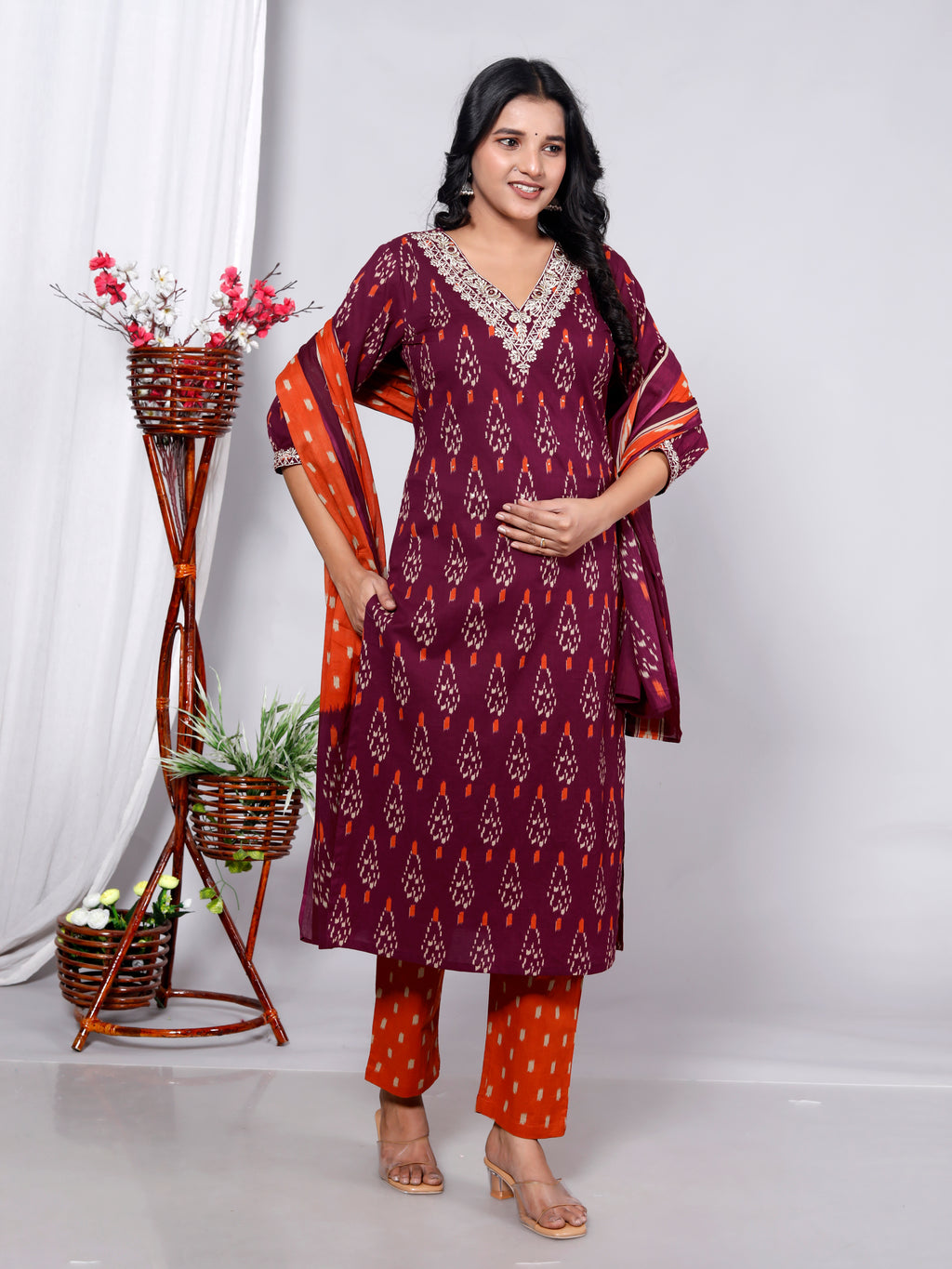 Maroon Cotton Kurta Pant Set with Dupatta-900057
