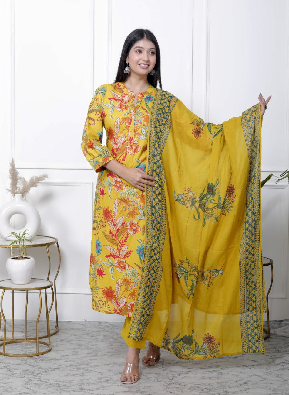 Yellow Cotton Kurta Pant Set with Dupatta-900058
