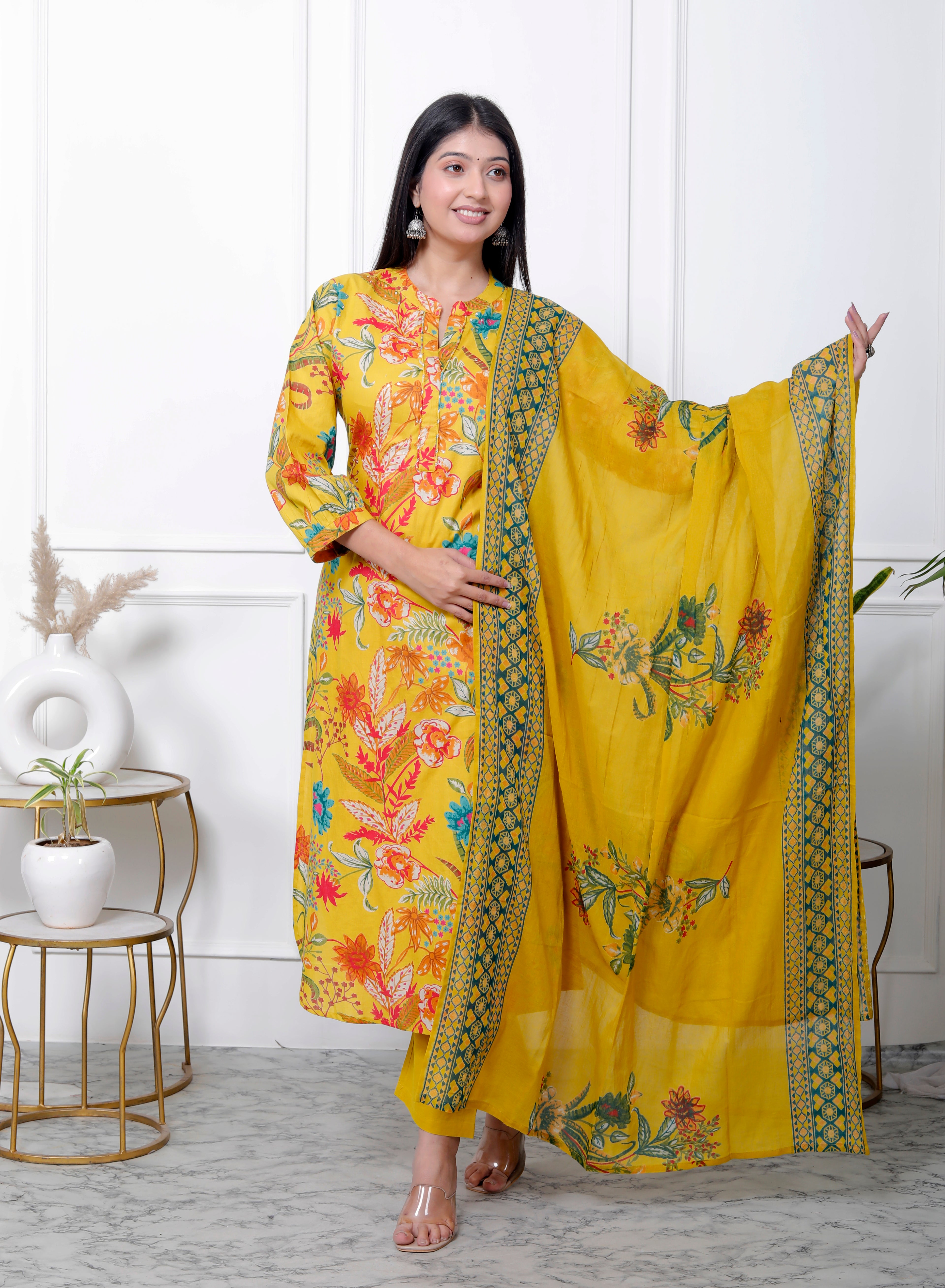 Yellow Cotton Kurta Pant Set with Dupatta-900058