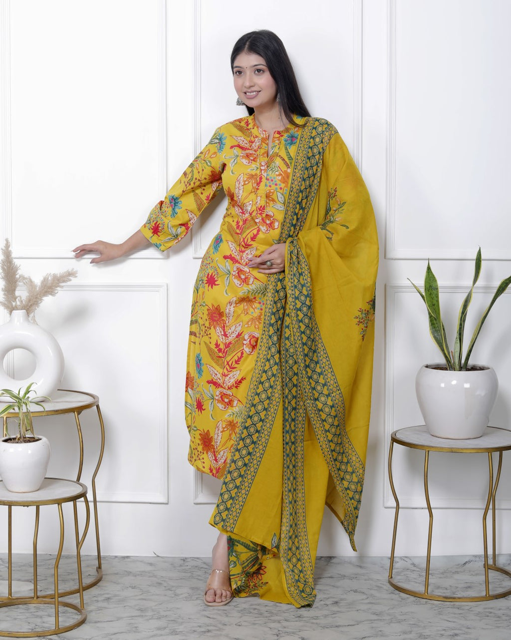 Yellow Cotton Kurta Pant Set with Dupatta-900058