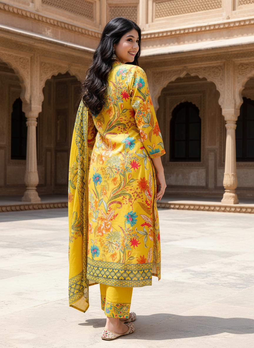 Yellow Cotton Kurta Pant Set with Dupatta-900058