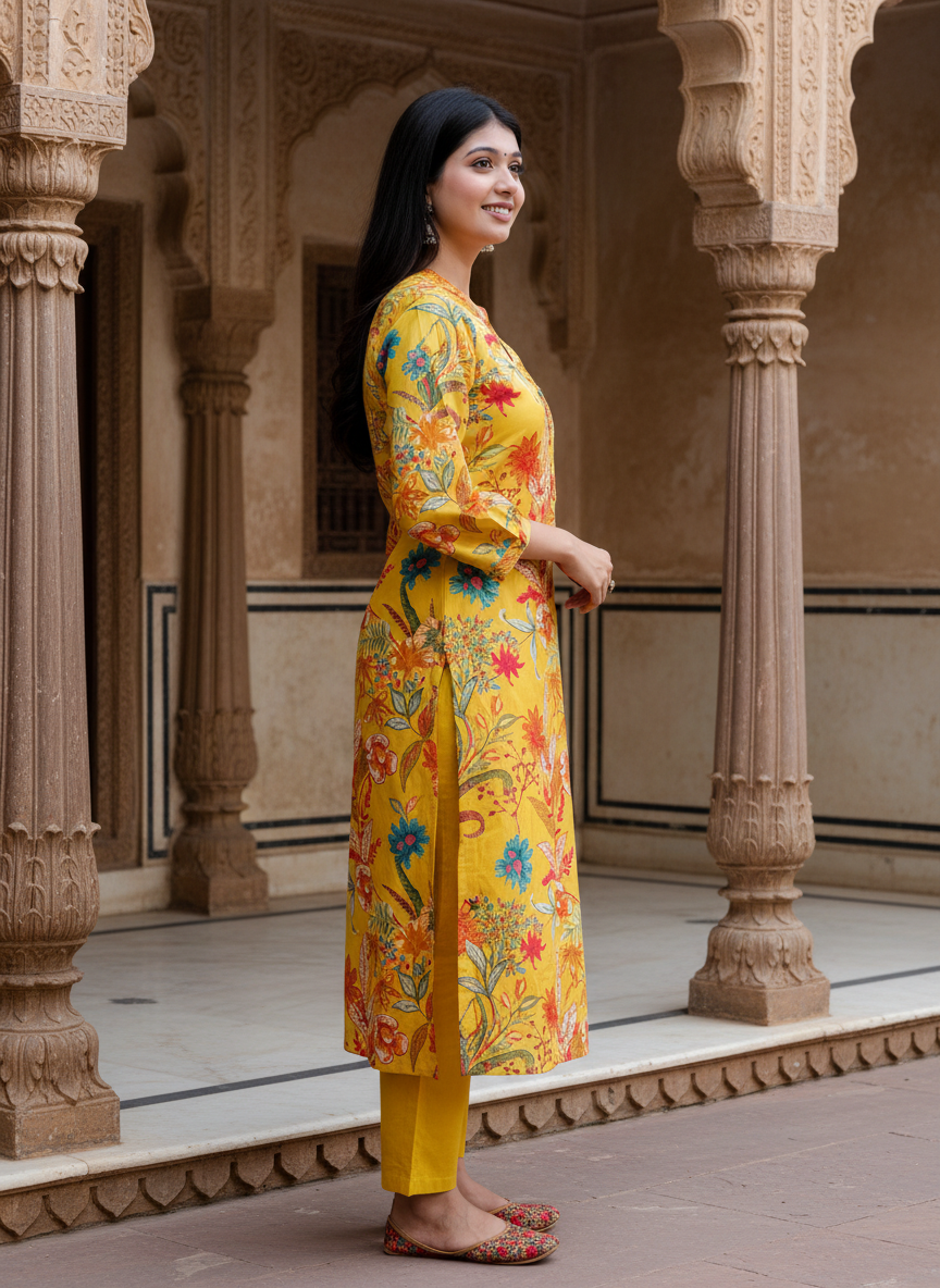 Yellow Cotton Kurta Pant Set with Dupatta-900058