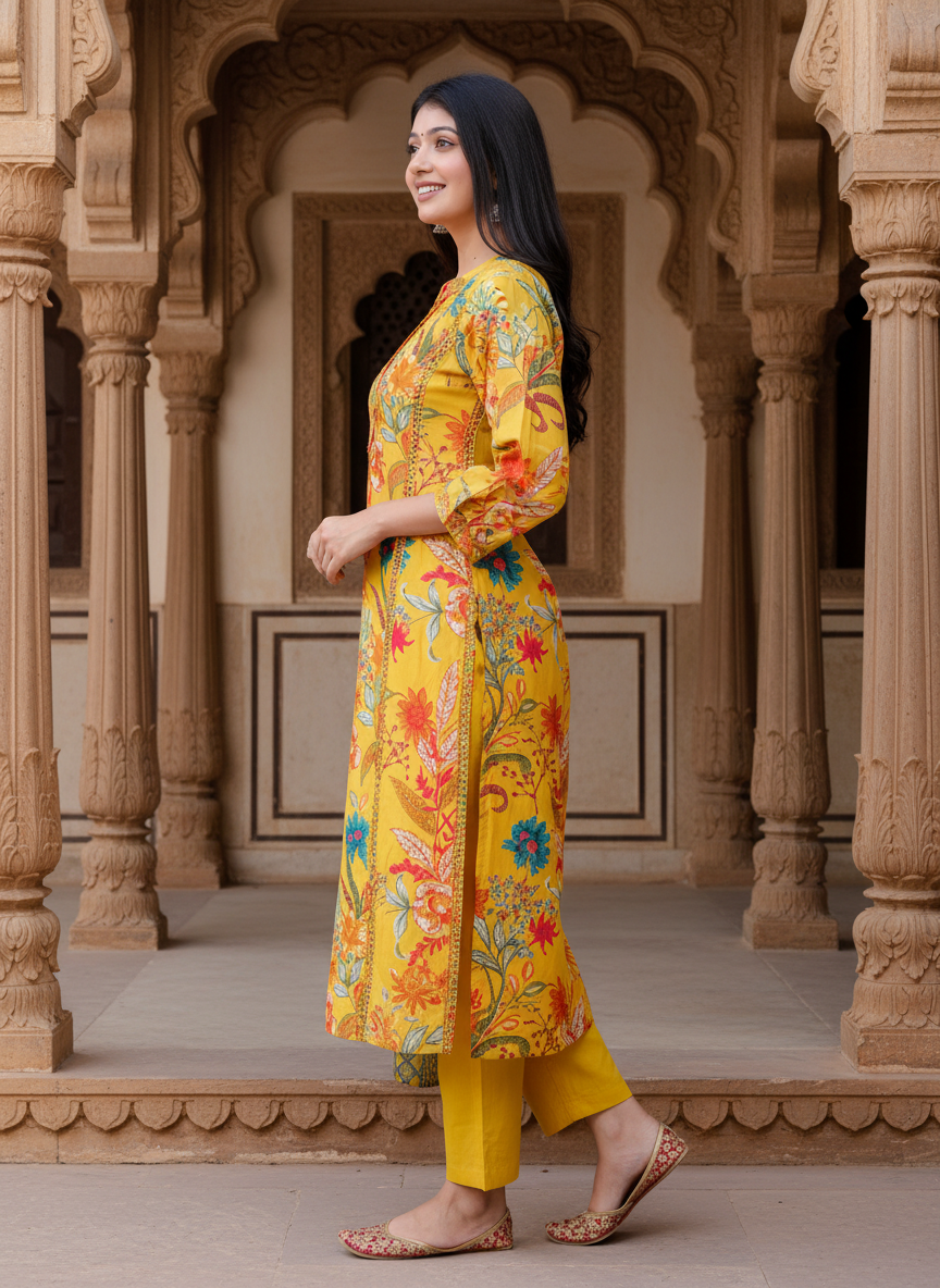 Yellow Cotton Kurta Pant Set with Dupatta-900058