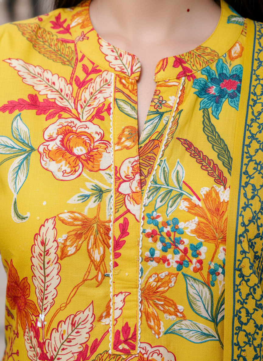 Yellow Cotton Kurta Pant Set with Dupatta-900058