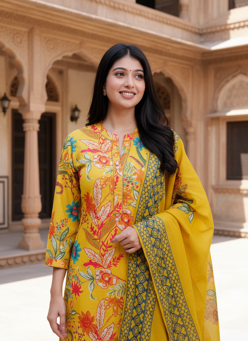 Yellow Cotton Kurta Pant Set with Dupatta-900058