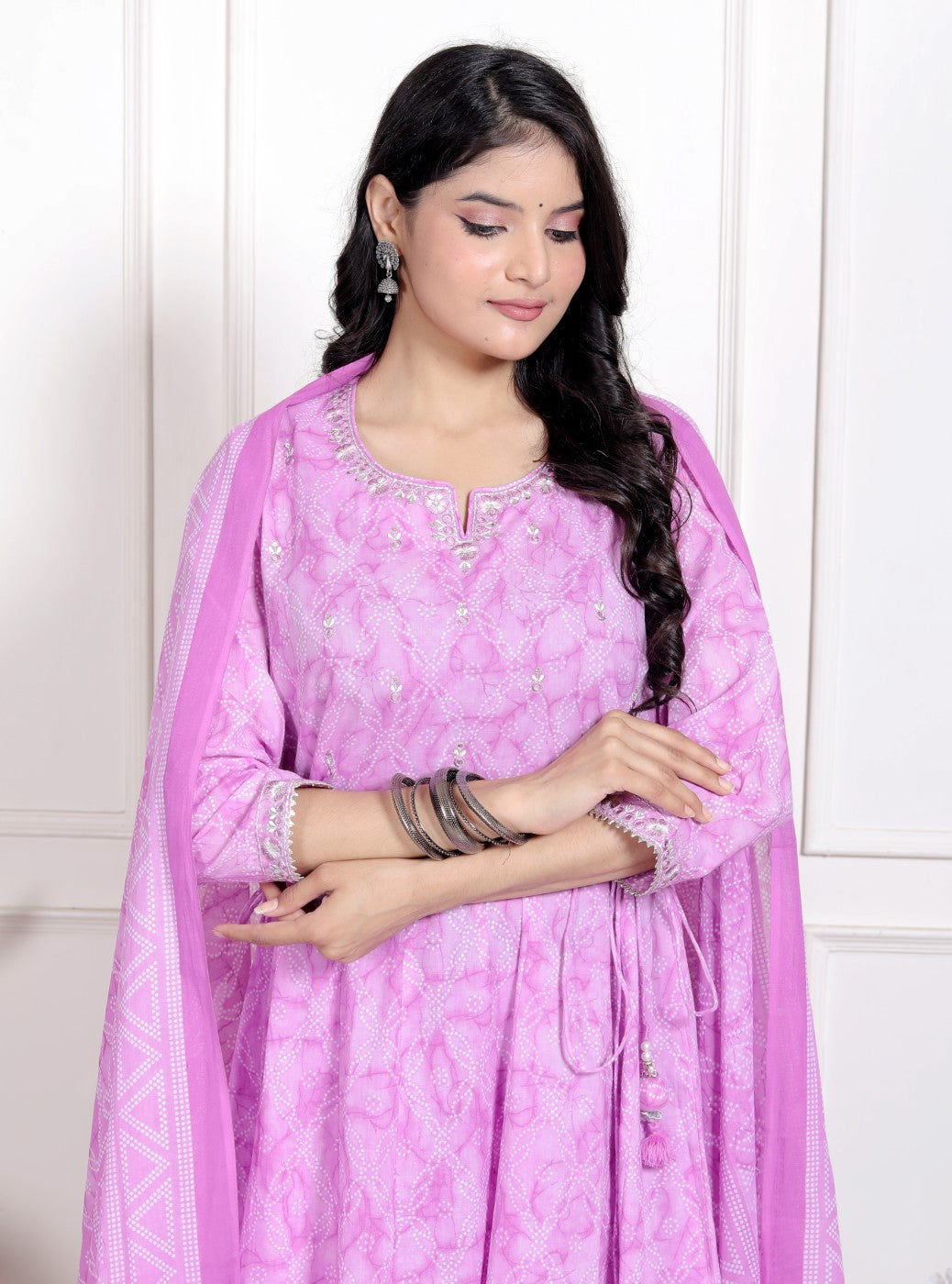 Purple Cotton Anarkali Kurta Pant Set with Dupatta-900103