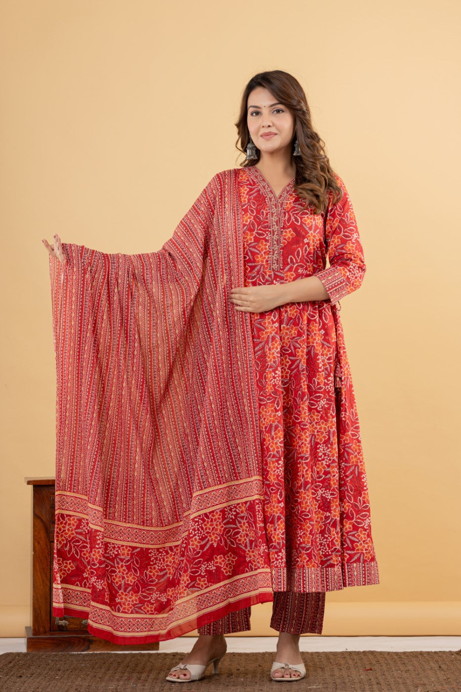 Red Cotton Anarkali Kurta Pant Set with Dupatta-250115