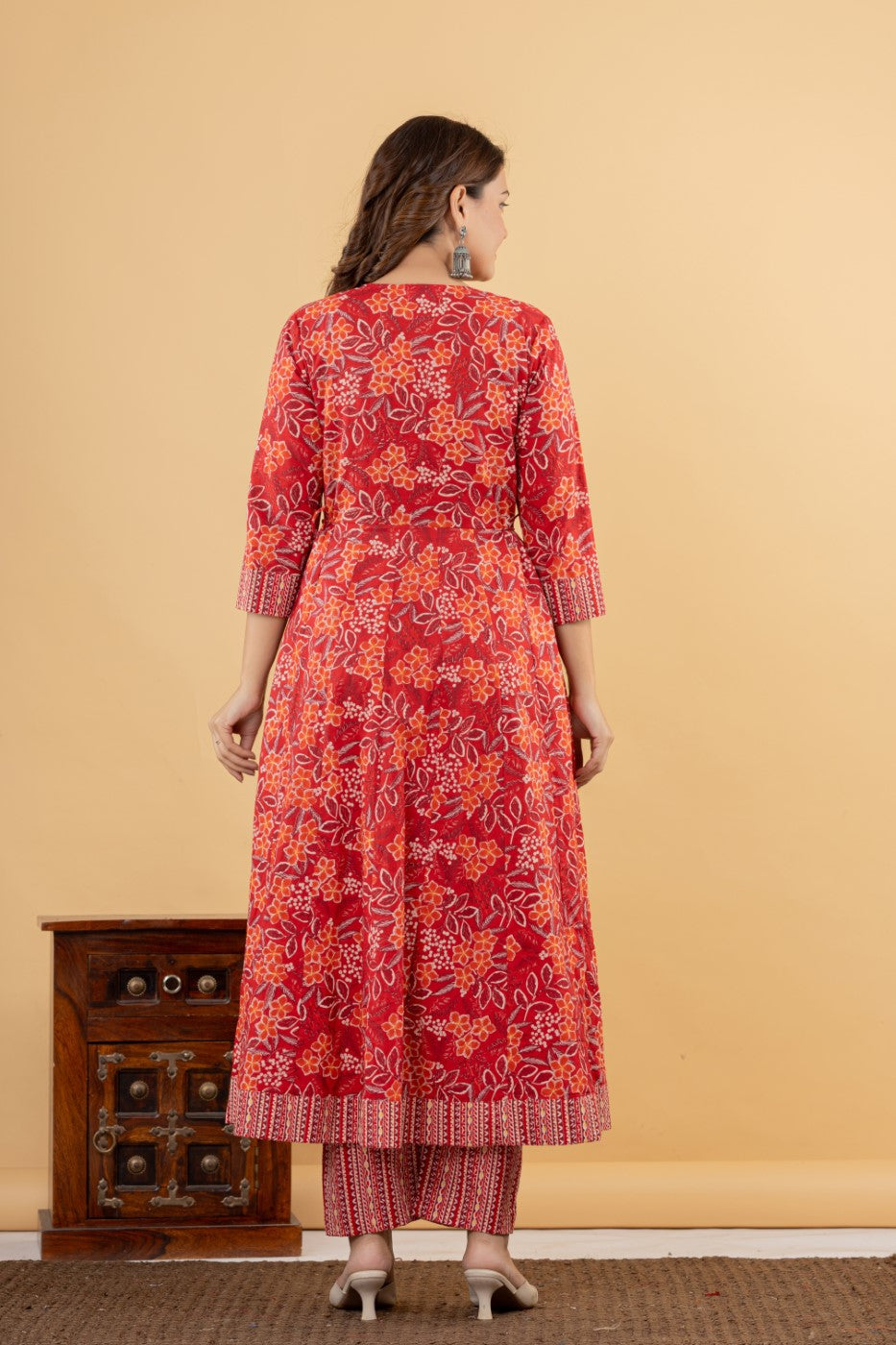 Red Cotton Anarkali Kurta Pant Set with Dupatta-250115