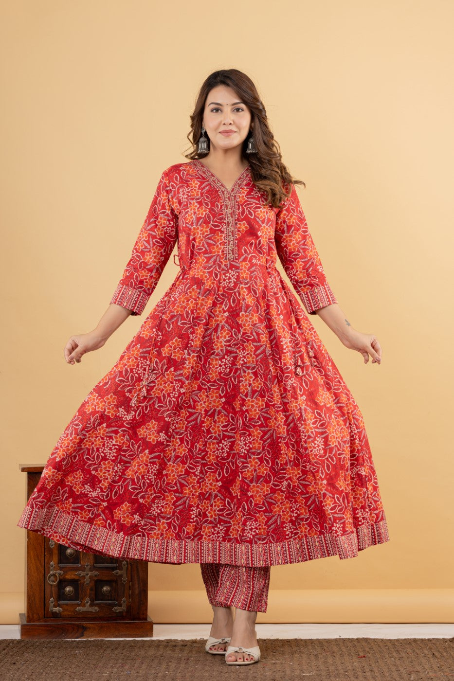 Red Cotton Anarkali Kurta Pant Set with Dupatta-250115