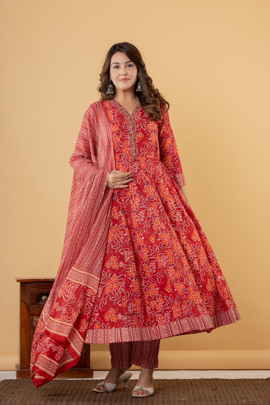 Red Cotton Anarkali Kurta Pant Set with Dupatta-250115