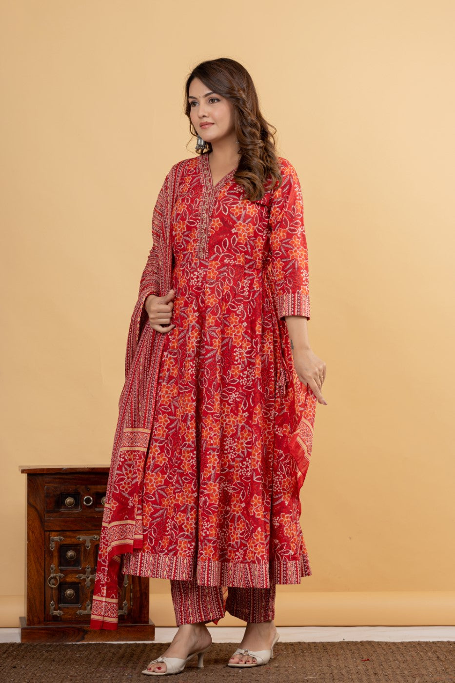 Red Cotton Anarkali Kurta Pant Set with Dupatta-250115