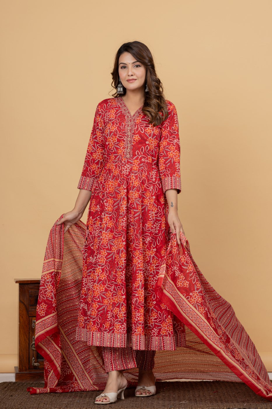 Red Cotton Anarkali Kurta Pant Set with Dupatta-250115