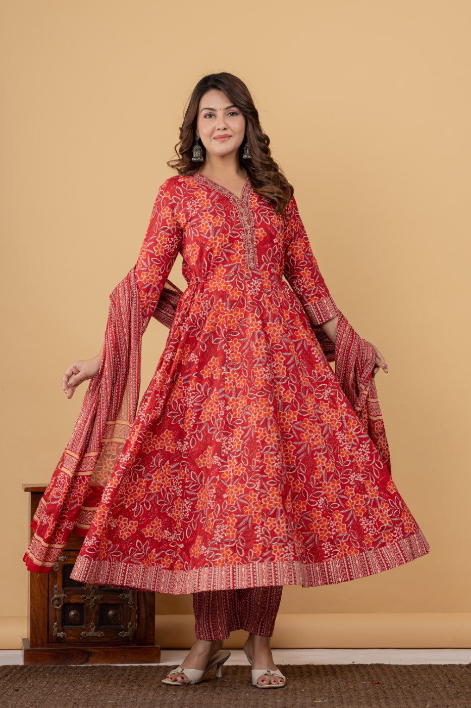 Red Cotton Anarkali Kurta Pant Set with Dupatta-250115