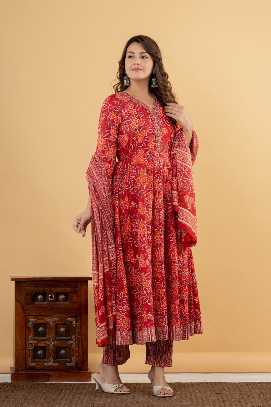 Red Cotton Anarkali Kurta Pant Set with Dupatta-250115