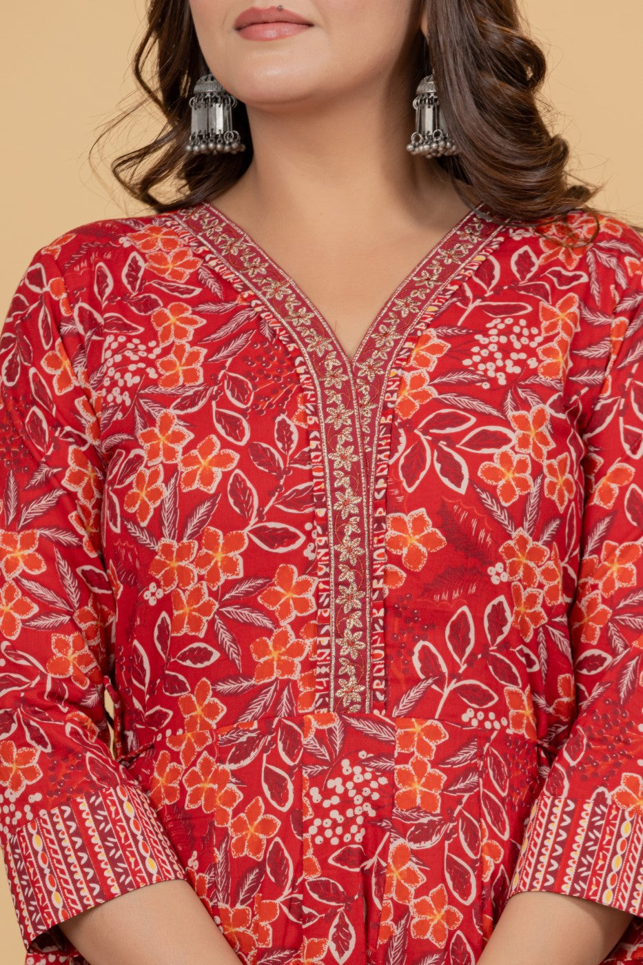 Red Cotton Anarkali Kurta Pant Set with Dupatta-250115