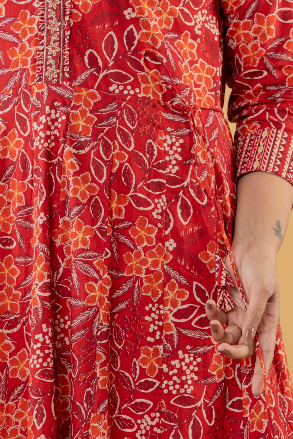 Red Cotton Anarkali Kurta Pant Set with Dupatta-250115