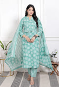 Green Cotton Kurta Pant Set with Dupatta-9800155