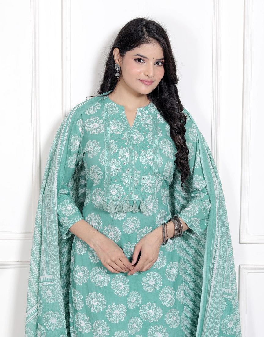 Green Cotton Kurta Pant Set with Dupatta-9800155