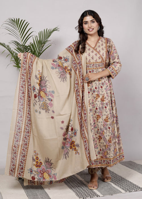 Beige Cotton Anarkali Kurta Pant Set with Dupatta-250114