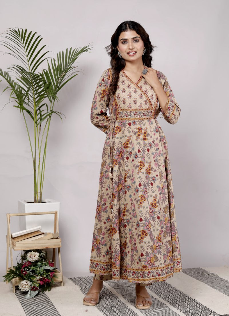 Beige Cotton Anarkali Kurta Pant Set with Dupatta-250114