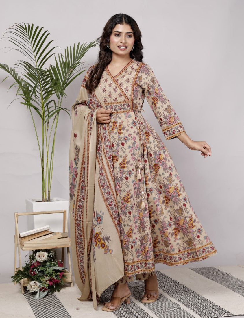 Beige Cotton Anarkali Kurta Pant Set with Dupatta-250114