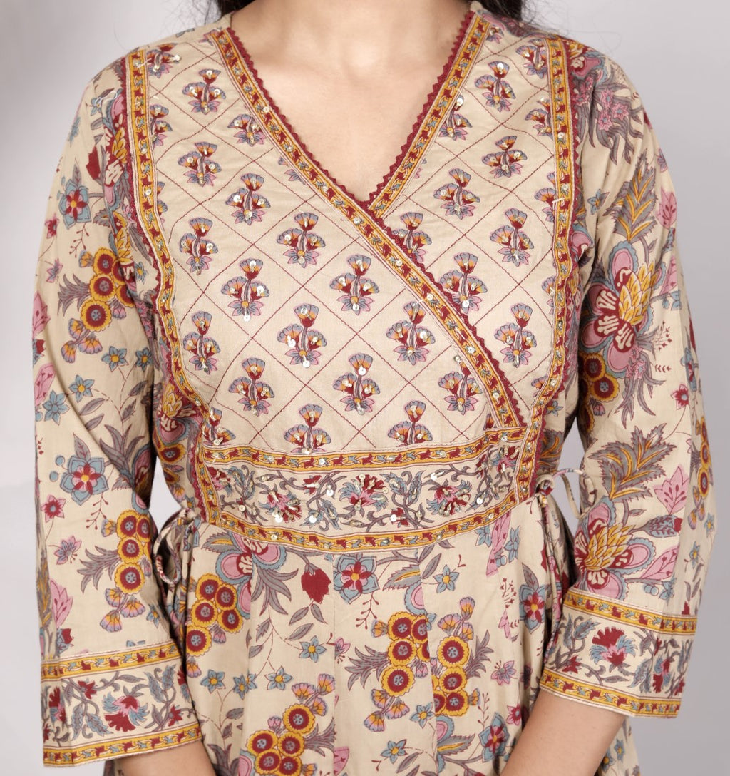 Beige Cotton Anarkali Kurta Pant Set with Dupatta-250114