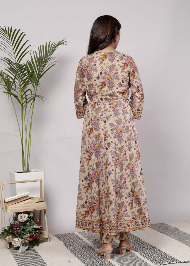 Beige Cotton Anarkali Kurta Pant Set with Dupatta-250114