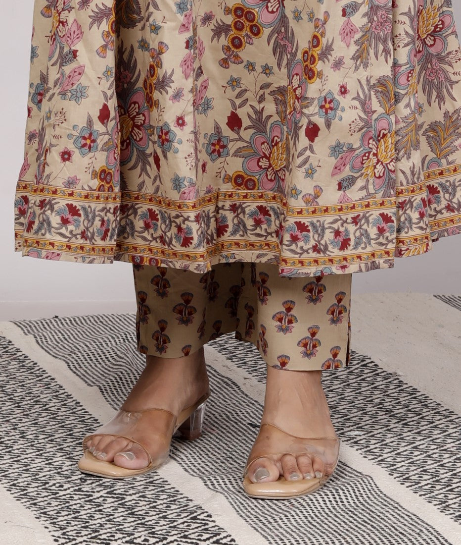Beige Cotton Anarkali Kurta Pant Set with Dupatta-250114