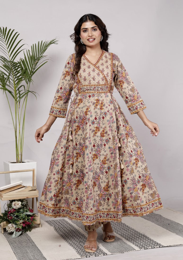 Beige Cotton Anarkali Kurta Pant Set with Dupatta-250114