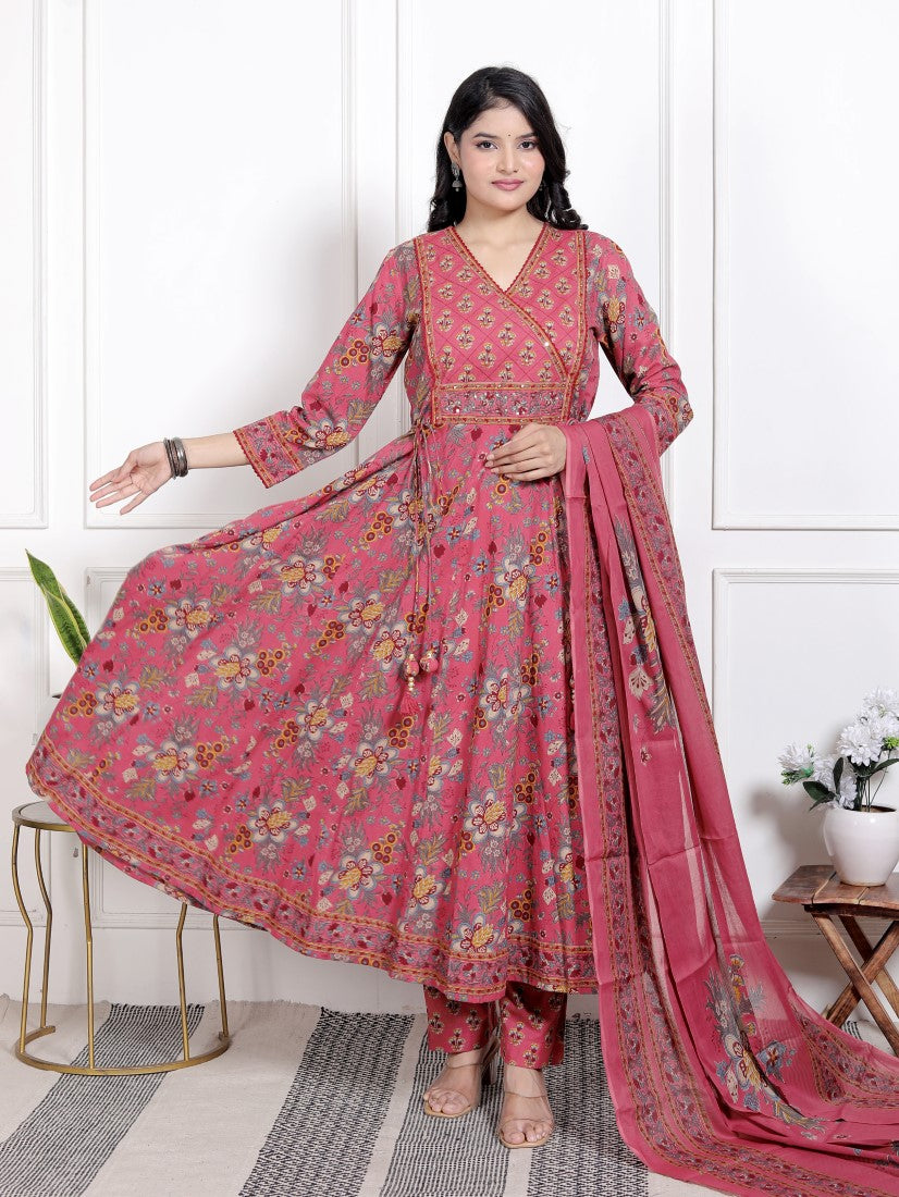 Onion Cotton Anarkali Kurta Pant Set with Dupatta-250113