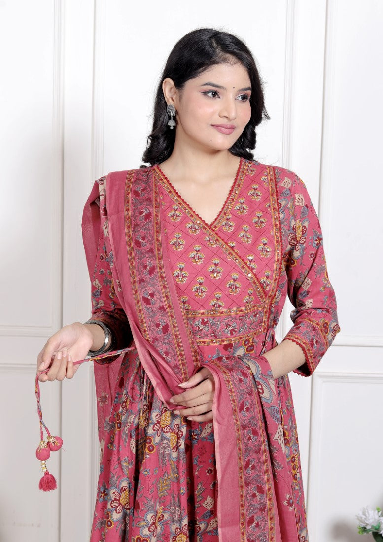 Onion Cotton Anarkali Kurta Pant Set with Dupatta-250113