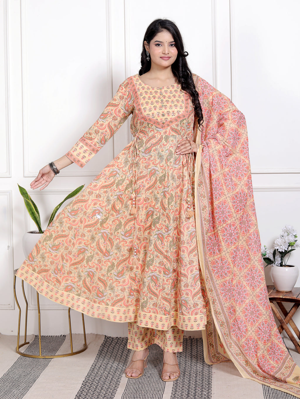 Yellow Cotton  Kurta Pant Set with Dupatta-9800173