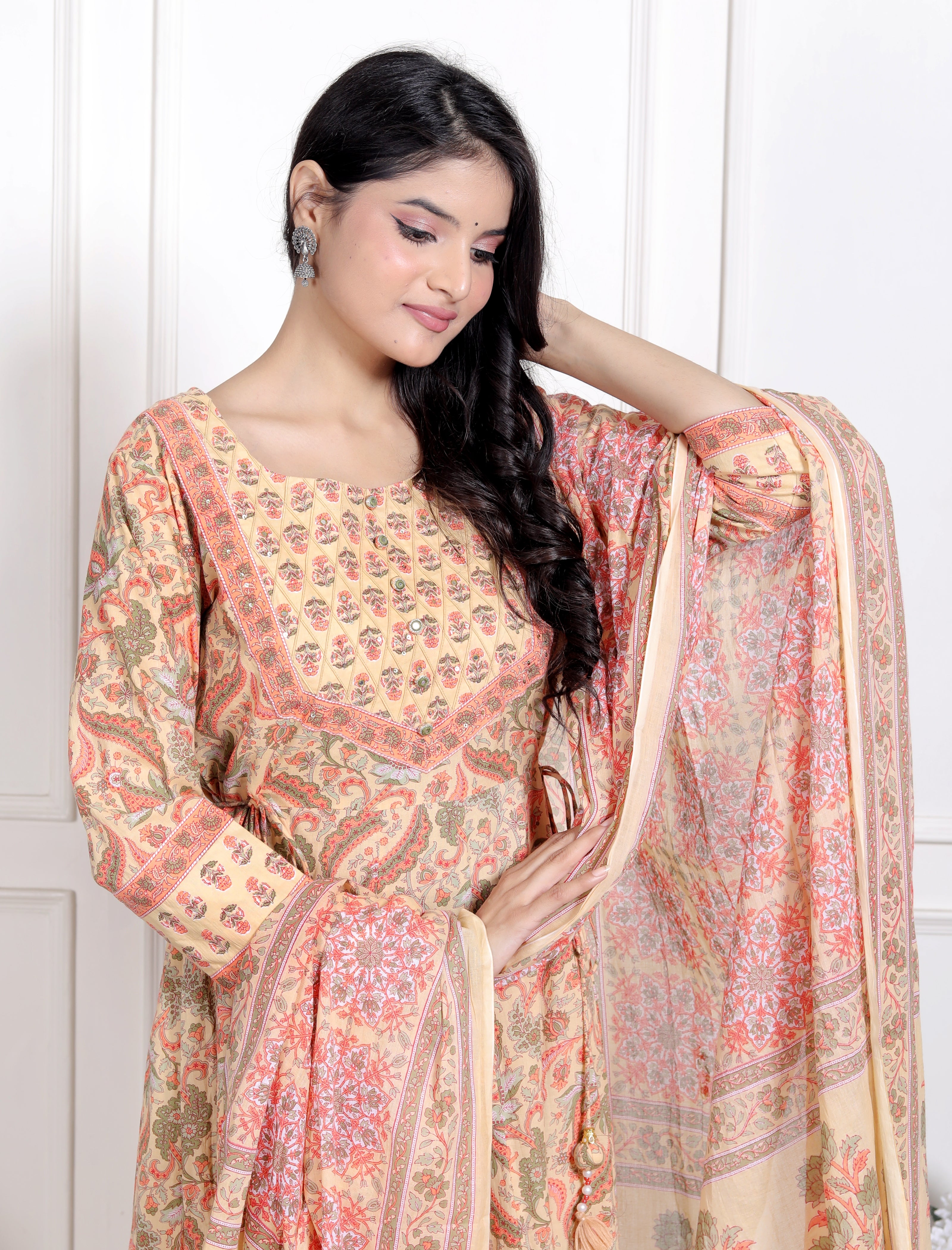 Yellow Cotton  Kurta Pant Set with Dupatta-9800173