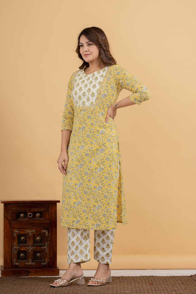 Yellow Cotton Kurta Pant Set-990081
