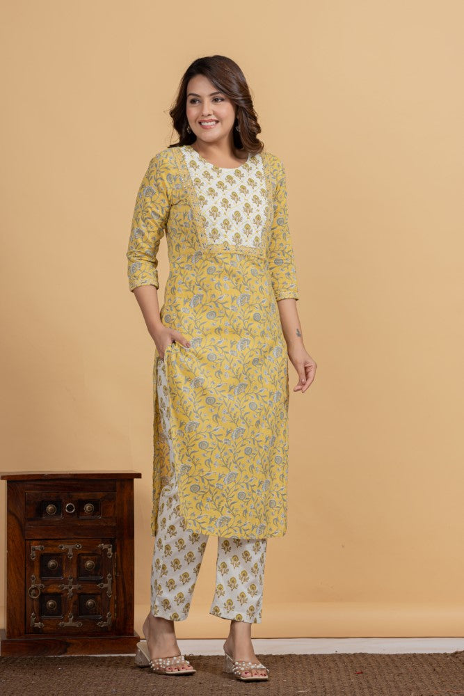 Yellow Cotton Kurta Pant Set-990081
