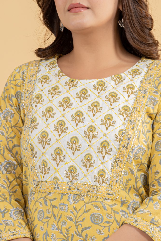 Yellow Cotton Kurta Pant Set-990081