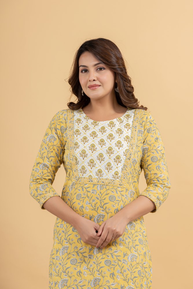 Yellow Cotton Kurta Pant Set-990081