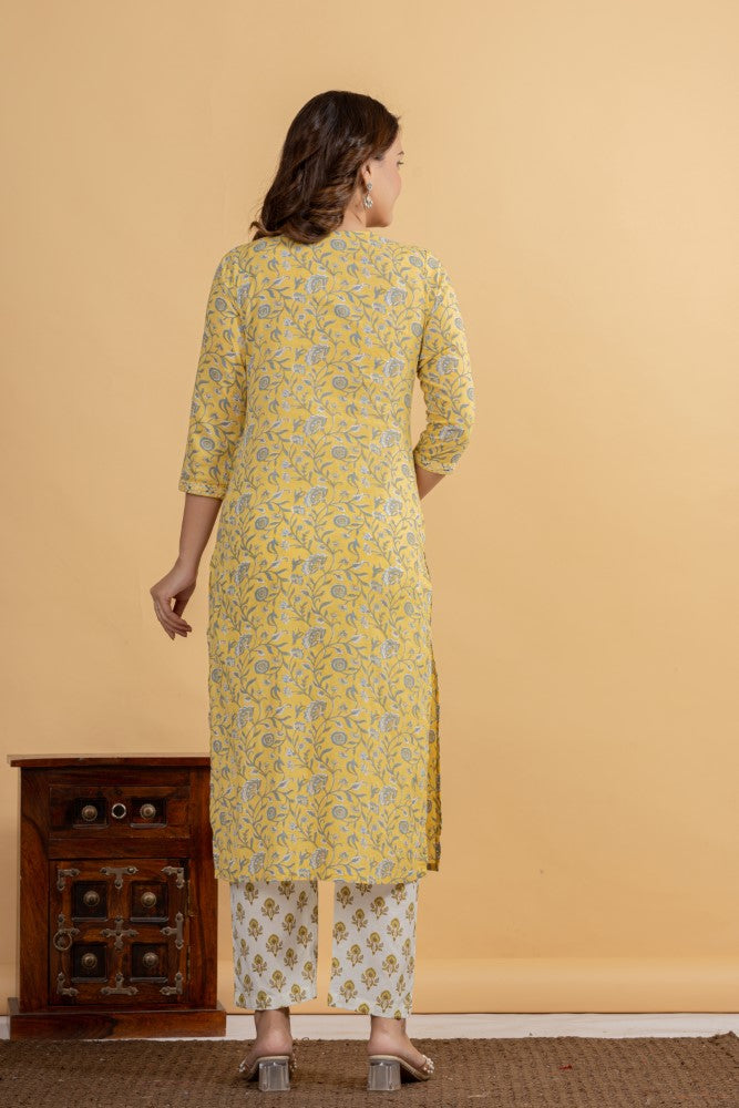 Yellow Cotton Kurta Pant Set-990081