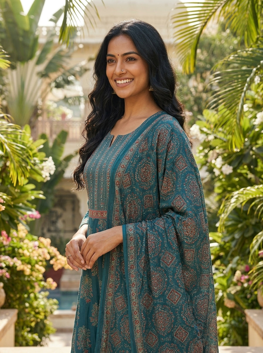 Blue Cotton Anarkali Kurta Pant Set with Dupatta-250137