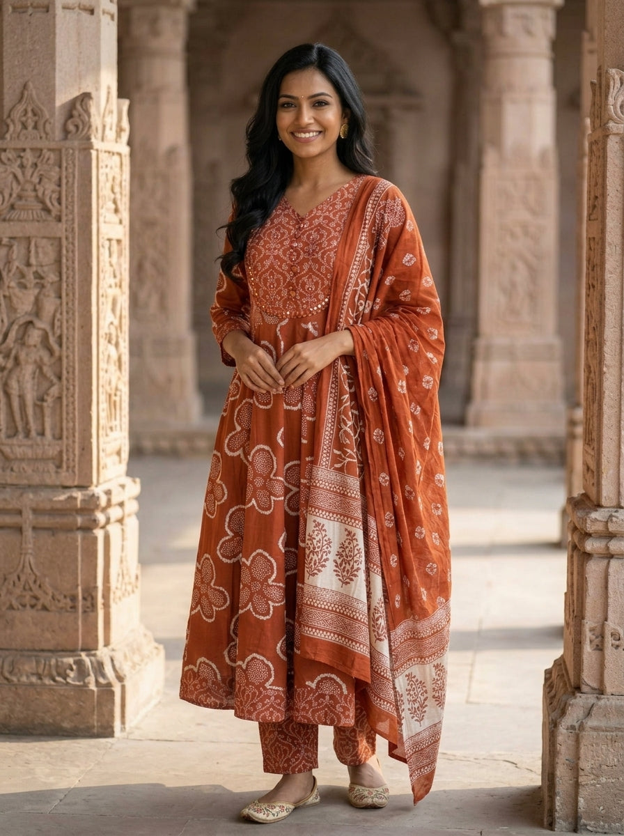 Rust Cotton Anarkali Kurta Pant Set with Dupatta-250136