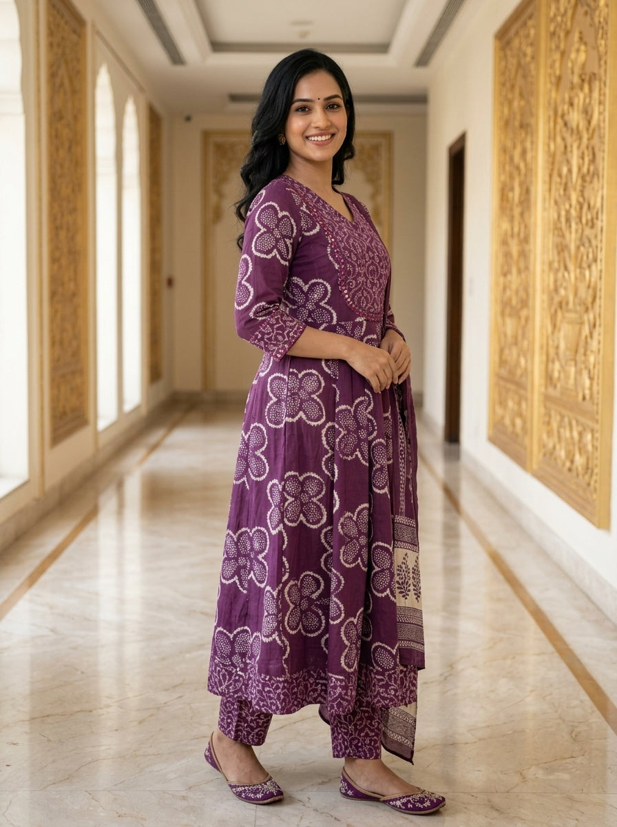 Purple Cotton Anarkali Kurta Pant Set with Dupatta-250124